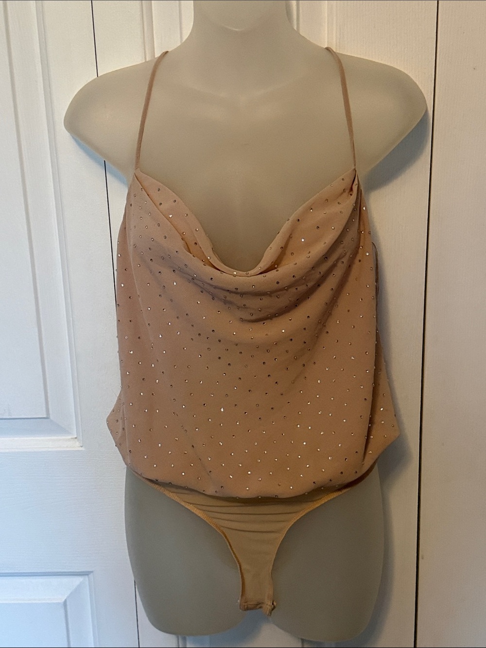 Astr sz S Blush Nude Rhinestone Cowl Neck Camisole Bodysuit b77